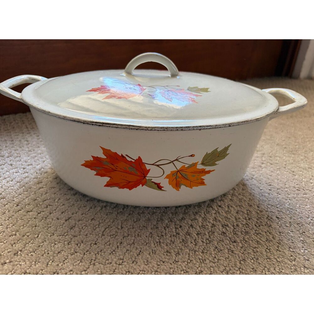 Vintage Descoware Oval Cast Iron Belgium Autumn Leaves Enamel 4 Quart Dutch Oven